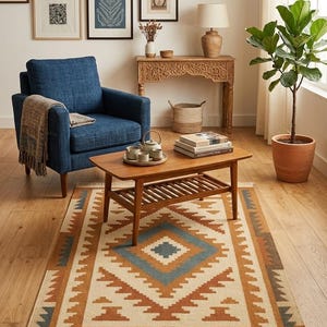 Southwestern Boho Flatweave Kilim Rug with Tassels – Geometric Aztec Pattern in Rust, Teal & Cream | Handwoven Rug image 4