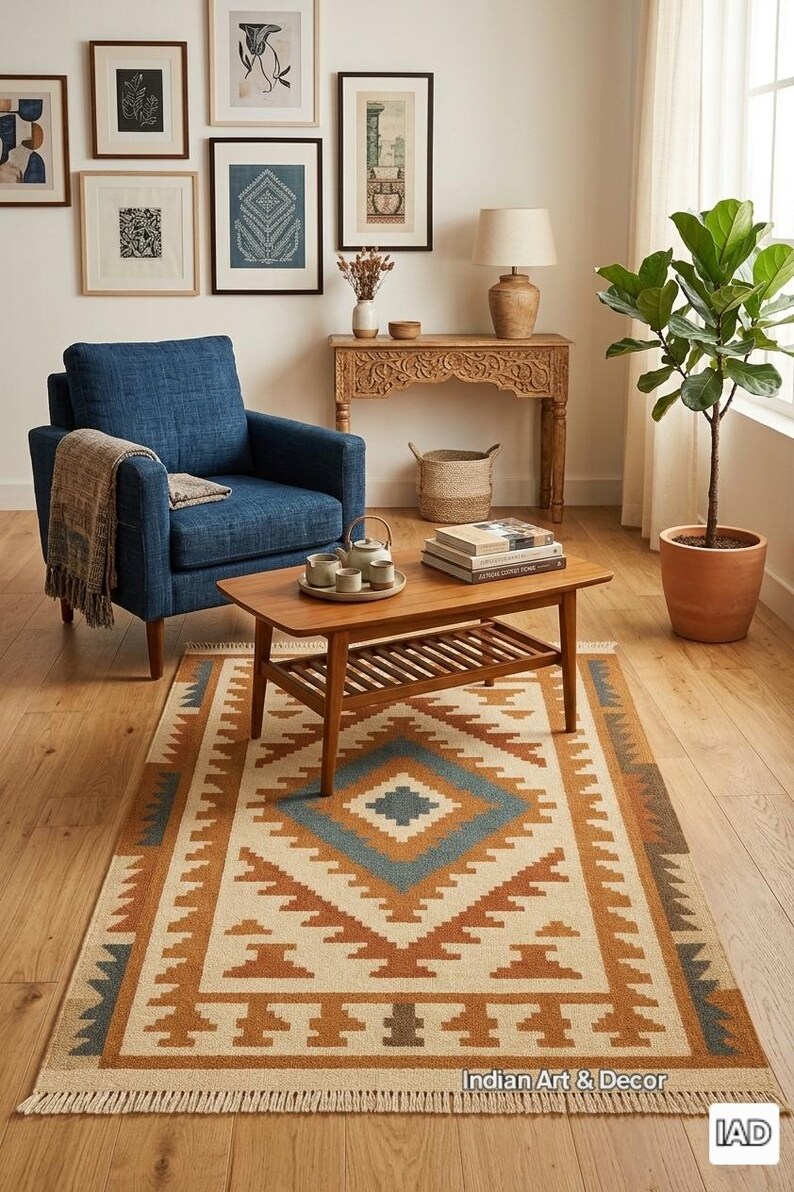 Southwestern Boho Flatweave Kilim Rug with Tassels – Geometric Aztec Pattern in Rust, Teal & Cream | Handwoven Rug image 4