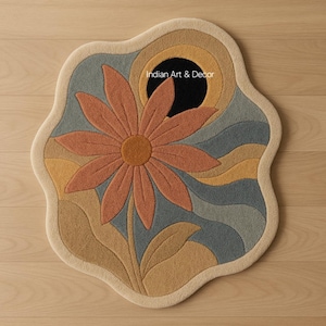 Retro Floral Hand-Tufted Rug – Wavy Edge Sunflower Accent | Boho Wool Rug for Nursery, Entryway, or Living Room | Indian Art & Decor
