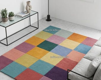 Colorful Checkered Hand Tufted Wool Rug - Multi Color Block Geometric Area Rug