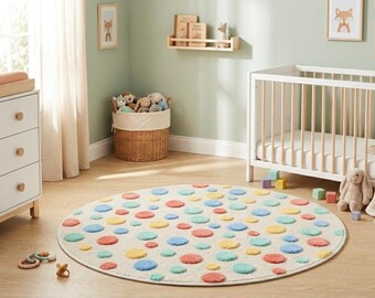 Hand Tufted Round Polka Dot Kids Rug – Colorful Nursery Decor – Soft Playroom Area Carpet