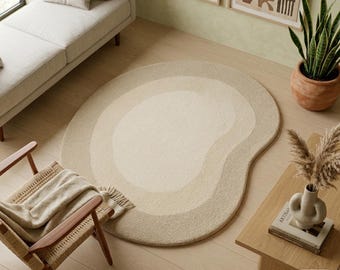 Tappeto in stile Japandi dalla forma organica – Tappeto moderno neutro fatto a mano per interni minimalisti