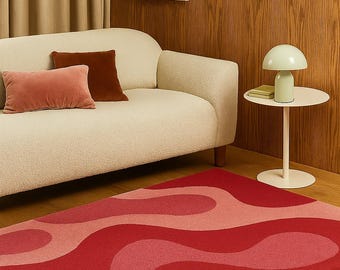 Hand-Tufted Wavy Rug: Retro Pink & Red Abstract Design