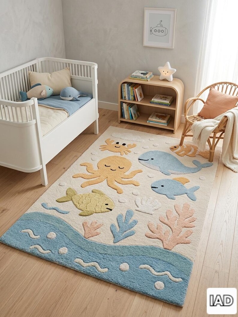 May include: A rectangular area rug featuring a cream-colored background with a tufted ocean theme. The design includes a light blue wave border at the bottom, a yellow octopus, a light blue whale, a yellow fish, a crab, and coral accents.