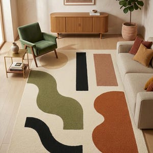 Handgetufteter moderner geometrischer Teppich in Erdtönen Bild 3