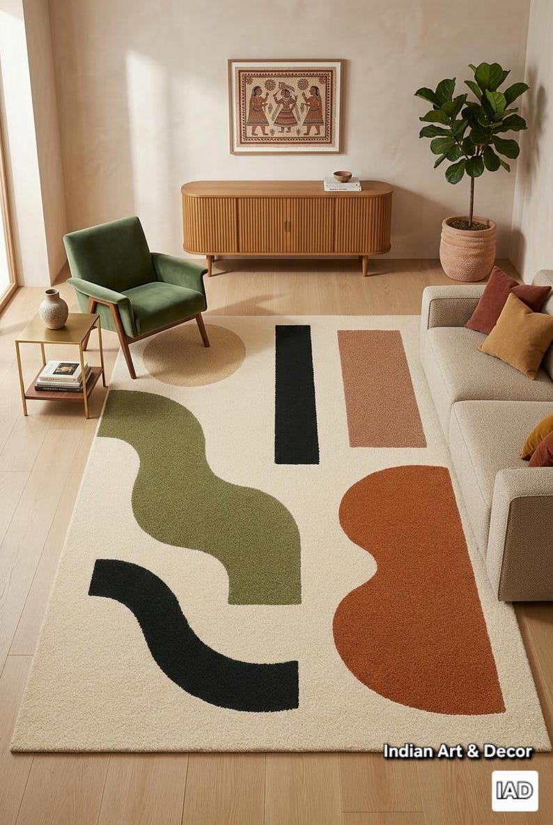 Handgetufteter moderner geometrischer Teppich in Erdtönen Bild 3