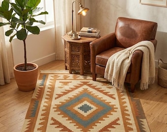 Southwestern Boho Flatweave Kilim Rug with Tassels – Geometric Aztec Pattern in Rust, Teal & Cream | Handwoven Rug