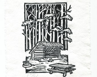 Lean-To — Hand-Made Relief Print on Deckled-Edge 100% Cotton Paper — Woodsy Forest Hiking Trail Cabin