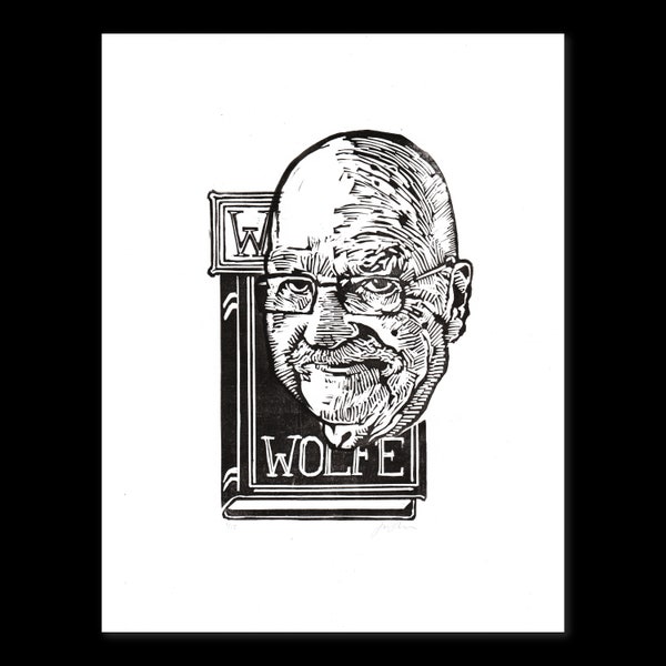 W is for Wolfe - Gene Wolfe bookshelf portrait - signed and numbered limited edition relief print portrait