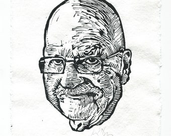 Gene Wolfe Portrait — Hand-Made Relief Print on Deckled-Edge 100% Cotton Paper