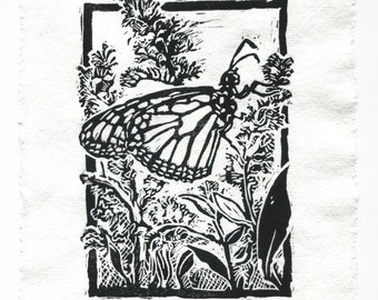 Monarch Butterfly × Goldenrod — Hand-Made Relief Print on Deckled-Edge 100% Cotton Paper