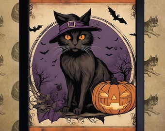Vintage Halloween Wandkunst - Retro schwarze Katze, Hexe & Kürbis zum Ausdrucken