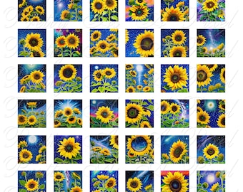 Cosmic Sunflowers - 2 sizes - Inchies and scrabble tile size .75 x .83 inches - Digital Collage Sheet - INSTANT DOWNLOAD