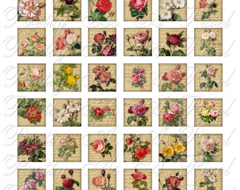 Vintage Roses on Old Letters - 2 sizes - Inchies AND scrabble tile size .75 x .83 inch - Digital Collage Sheet - INSTANT DOWNLOAD