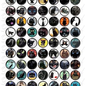 Black Cats - INSTANT DOWNLOAD - Digital Collage Sheet - One Inch Circles