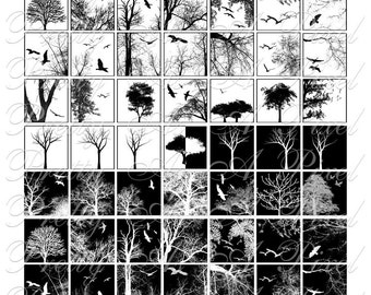 鳥と木 - シルエット - 3 つのサイズ - インチ、7 ～ 8 インチ、およびスクラブル タイルのサイズ 0.75 x 0.83 インチ - デジタル コラージュ シート - 即時ダウンロード