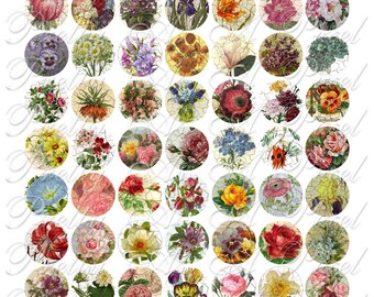 Antique Florals - One Inch Circles - Digital Collage Sheet - INSTANT DOWNLOAD