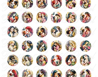 Watercolor Mother And Child - One Inch Circles - Digital Collage Sheet - INSTANT DOWNLOAD - Mothers Day Art