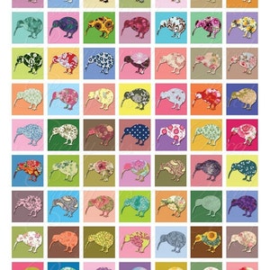 May include: A collection of 64 colourful kiwi bird silhouettes, each with a different patterned design. The birds are arranged in a grid pattern on a white background.