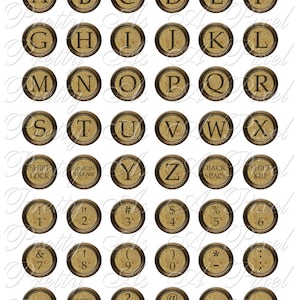 May include: Vintage typewriter keys with brown and gold accents. The keys feature letters, numbers, symbols, and punctuation marks. The keys are arranged in a grid pattern.