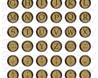 ブロンズ製ヴィンテージタイプライターキー - 1インチの円 - 即時ダウンロード - デジタルコラージュシート