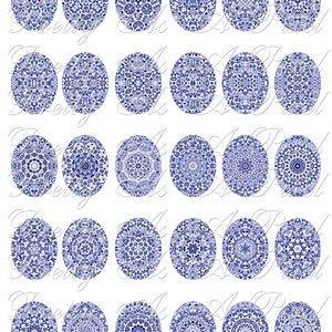 Blue & White Chintzware - 30 x 40 mm ovals - Digital Collage Sheet - INSTANT DOWNLOAD