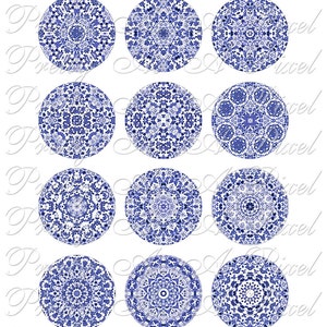 Chintzware azul e branco - círculos de 2 polegadas - Duas polegadas - DOWNLOAD INSTANTÂNEO - Folha de colagem digital