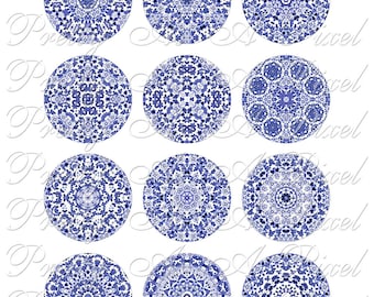 Blue & White Chintzware - 2 inch circles - Two Inch - INSTANT DOWNLOAD - Digital Collage Sheet