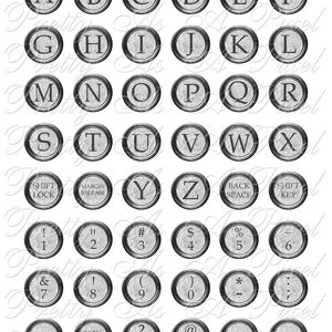 Vintage Typewriter Keys in Silver - INSTANT DOWNLOAD - One Inch Circles - Digital Collage Sheet