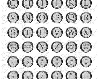 Vintage Typewriter Keys in Silver - INSTANT DOWNLOAD - One Inch Circles - Digital Collage Sheet