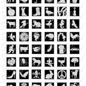 Puede incluir: Un conjunto de 48 imágenes de clipart digitales en blanco y negro. Cada imagen es una silueta de un objeto diferente, como un gato, un gallo, una rana, un kiwi, un cerdo, una pluma, una araña, un caballo, un conejo, un signo de paz, una casa, un pájaro y un cangrejo. Las imágenes están todas hechas de texto.