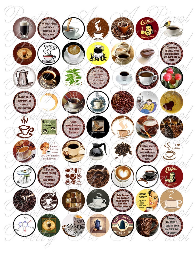 Coffee One Inch Circles INSTANT DOWNLOAD Digital Collage Sheet image 1