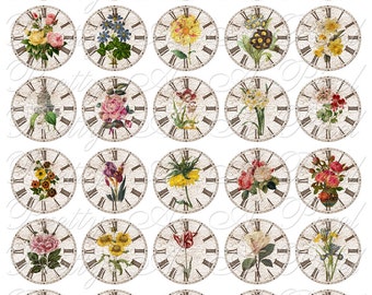 Time to Smell The Flowers - Clocks & Flowers - INSTANT DOWNLOAD - 1.5 Inch Circles - For Pendants Magnets - Crafts - Digital Collage Sheet