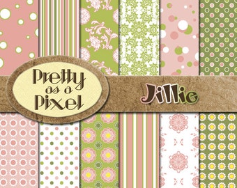 Jillie - Digital Paper Pack - Pink Green Spring Scrapbooking Backgrounds - Personal or Commercial - 12 x 12 - Set of 12 - INSTANT DOWNLOAD