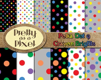 Polka Dots 9 - Crayon Brights 5 - INSTANT DOWNLOAD - Digital Paper Pack - Scrapbooking Backgrounds - Set of 12