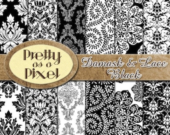 ダマスク＆レース - ブラック - デジタルペーパーパック - 即時ダウンロード - スクラップブッキング背景 - 12 x 12 - 12 枚セット
