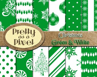 Printable Scrapbook Paper - Green & White Christmas - 12 x 12 - Set of 12 - INSTANT DOWNLOAD