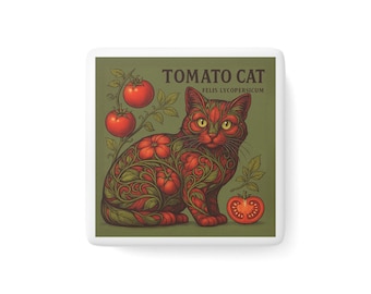 May include: A stylized illustration of a red cat with green vines and red tomatoes growing on its body. The cat is sitting on a green background with the text "TOMATO CAT FELIS LYCOPERSICUM".