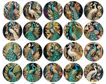 Art Nouveau Peacocks - 1.5 inch and 40mm circles - For Glass, Resin Pendants Magnets - Crafts - Printable Images for junk journal, scrapbook