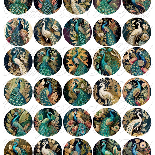 Art Nouveau Peacocks - 1.5 inch and 40mm circles - For Glass, Resin Pendants Magnets - Crafts - Printable Images for junk journal, scrapbook
