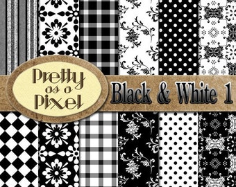May include: A set of 10 digital paper patterns in black and white. The patterns include stripes, polka dots, gingham, and floral designs. The text "Pretty as a Pixel" and "Black & White 1" is included in the image.