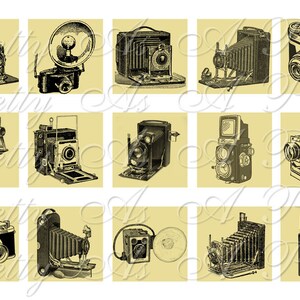May include: A collection of 12 vintage cameras in black and white, with a light beige background. The cameras are various styles and sizes, including a box camera, a view camera, a rangefinder camera, and a twin-lens reflex camera.