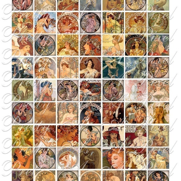 Alphons Mucha - Art Nouveau - 3 tailles - Inchies, 7-8 pouces, ET taille de carreaux de scrabble .75 x .83 pouces - Feuille de Collage numérique - TÉLÉCHARGEMENT INSTANTANÉ