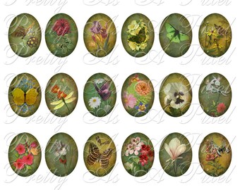 May include: Set of 16 oval-shaped digital scrapbook paper designs featuring vintage-style illustrations of butterflies, flowers, and plants. The designs are on a green background with a distressed texture.