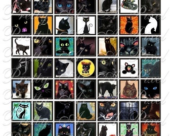 Black Cats - 3 sizes - Inchies, 7-8 inch, AND scrabble tile size .75 x .83 inch - Digital Collage Sheet - INSTANT DOWNLOAD