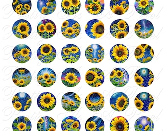宇宙のひまわり - 1 インチの円 - デジタル コラージュ シート - 即時ダウンロード