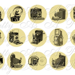 May include: Twelve vintage camera illustrations in black and white on a yellow background. Each camera is in a circle.