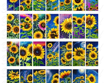 Cosmic Sunflowers - Domino Size - 1 x 2 inch - INSTANT DOWNLOAD - Digital Collage Sheet