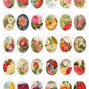 May include: A collection of 24 vintage oval-shaped images featuring various floral designs, including roses, lilies, and other blooms. The images are in a variety of colors, including red, pink, yellow, and white. Some of the images have text, such as "36th Annual Catalogue" and "The Rose Garden".