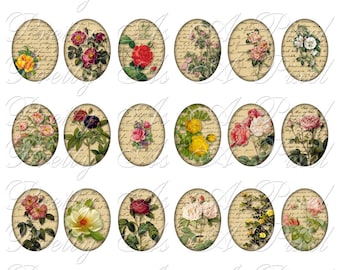 May include: Twenty oval-shaped digital scrapbook paper designs featuring vintage floral illustrations with a faded background of handwritten text.